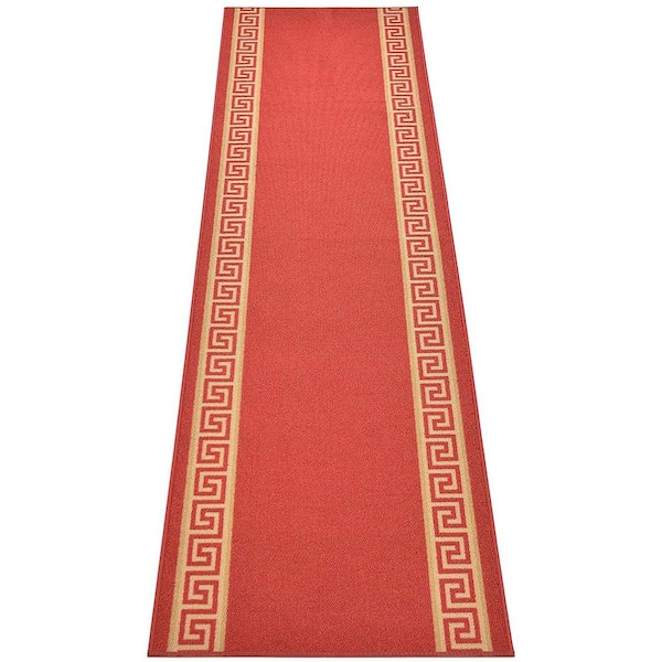 RugStylesOnline Meander Greek Key Design Cut to Size Red Color 26" Width x Your Choice Length Custom Size Slip Resistant Runner Rug
