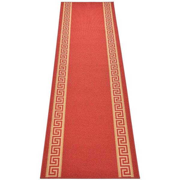 RugStylesOnline Meander Greek Key Design Cut to Size Red Color 36" Width x Your Choice Length Custom Size Slip Resistant Runner Rug