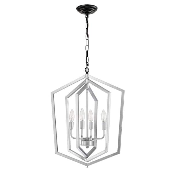 4-Light Matte Silver Farmhouse Chandelier with Cage Pendant Light Fixture, Adjustable Height, (E12 Bulbs Not Included)