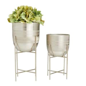12 in., and 9 in. Medium Silver Metal Planter with Removable Stand (2- Pack)