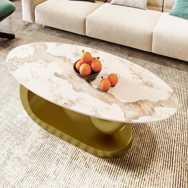 JUJABU White Oval Marble Coffee Table with Gold Stainless