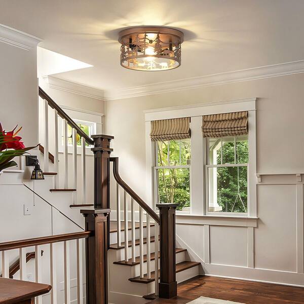 JUSHENG 11 in. 2-Light Bronze Round Industrial Farmhouse Flush Mount ...