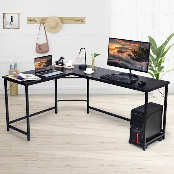 66 L Shaped Gaming Corner Computer Desk with CPU Stand and Foot Rest Bar,  PC Laptop Study Table Workstation Gaming Desk for Home Office, Black 