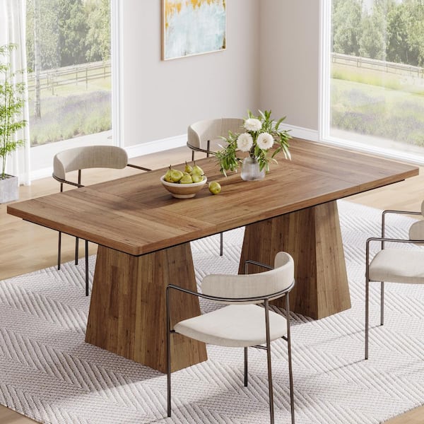 BYBLIGHT Brown Engineered Wood 63 in. Pedestal Dining Table (Seats 4), Wood Dinner Table for Kitchen and Dining Room