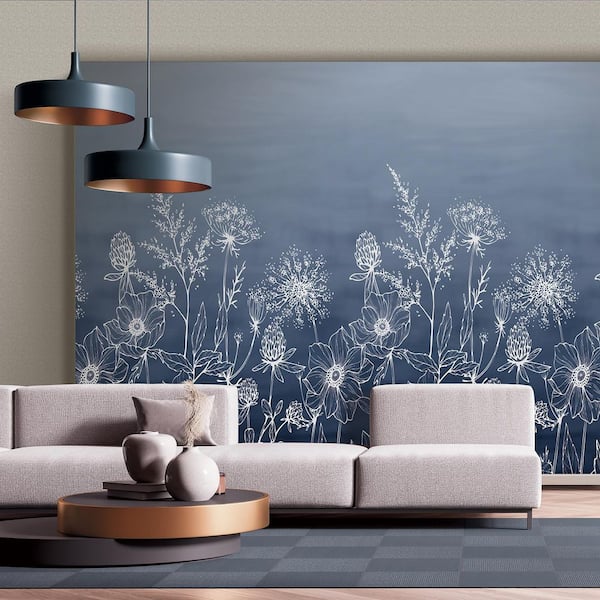 Wild Flora Sketch Navy Wall Mural