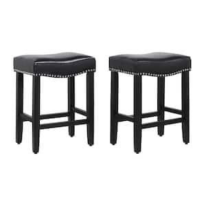Jameson 24 in. Counter Height Black Wood Backless Barstool with Upholstered Black Faux Leather Saddle Seat (Set of 2)