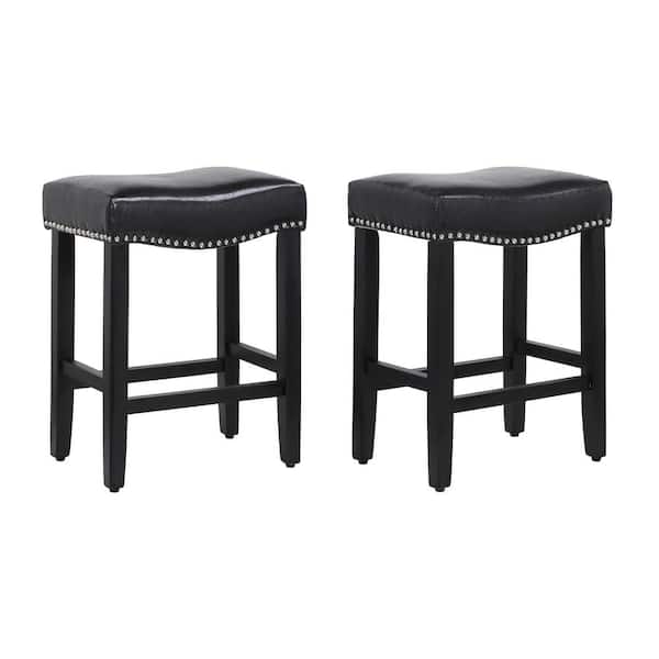Jameson 24 in. Counter Height Black Wood Backless Barstool with Upholstered Black Faux Leather Saddle Seat (Set of 2)