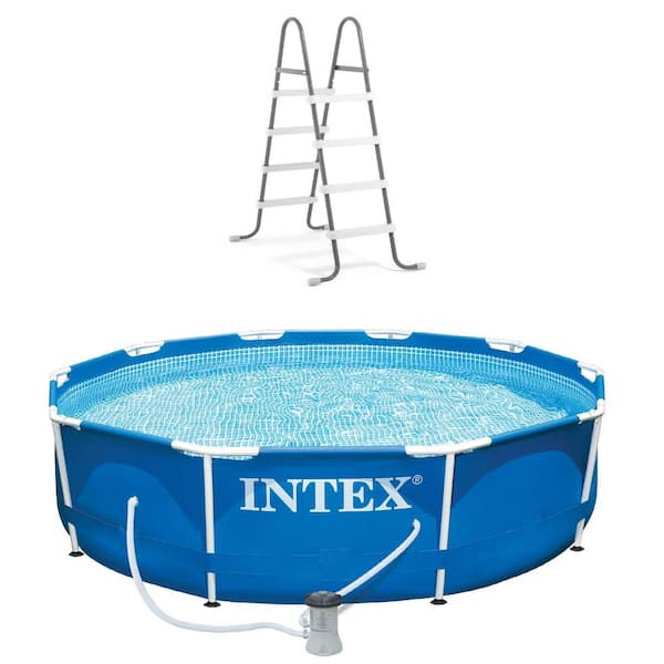 Intex 10 ft. x 30 in Round Metal Frame Above Ground Pool and Steel Frame  Pool Ladder 28201EH 28066E The Home Depot