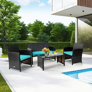 4-Piece Wicker Patio Conversation Set Rattan Furniture Set with Turquoise Cushions