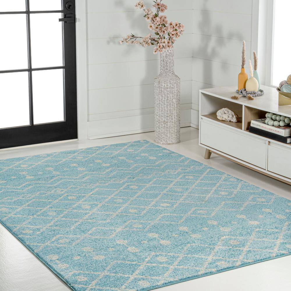 Turquoise and Cream Moroccan Synthetic Area Rug, 5'3" x 7'7"