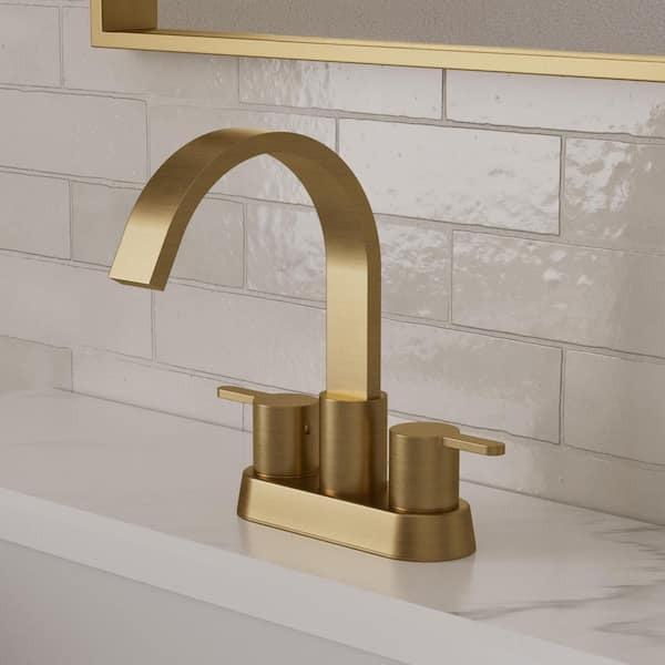 4 in. Waterfall Centerset 2 or 3 Hole Double Handle High Arc Bathroom Faucet 1.2 GPM in Brushed Gold Valve Included