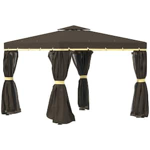 10 ft. x 10 ft. Coffee Brown Outdoor Gazebo Canopy Shelter with Netting and Curtains, Aluminum Frame Double Roof