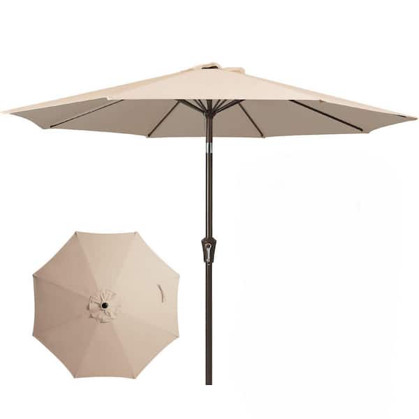 9 ft. Beige Iron Outdoor Umbrella with Push Button Tilt with Push Button Tilt and Crank, UV Protection Waterproof