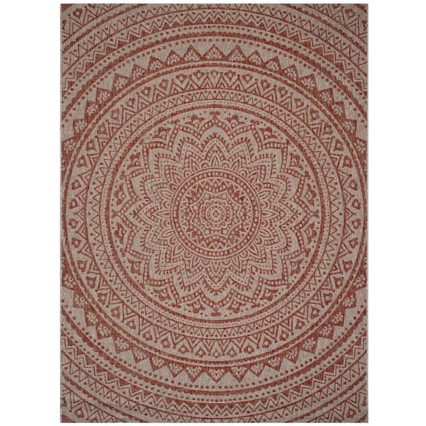Courtyard Light Beige/Terracotta 8 ft. x 11 ft. Geometric Indoor/Outdoor Patio  Area Rug