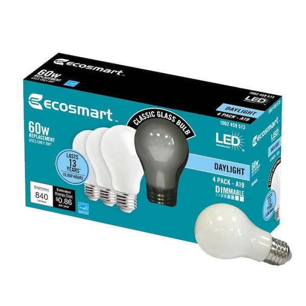 Details about   EcoSmart 60W Equivalent Daylight A19 Energy Star+Dimmable LED Light Bulb 4pc 
