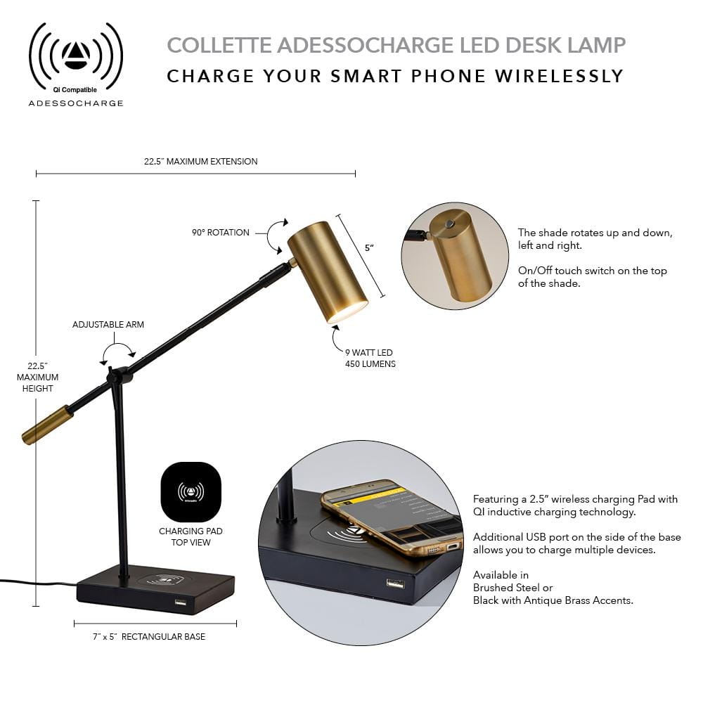 Adesso Collette Adjustable Black Desk Lamp with Qi Wireless Charging