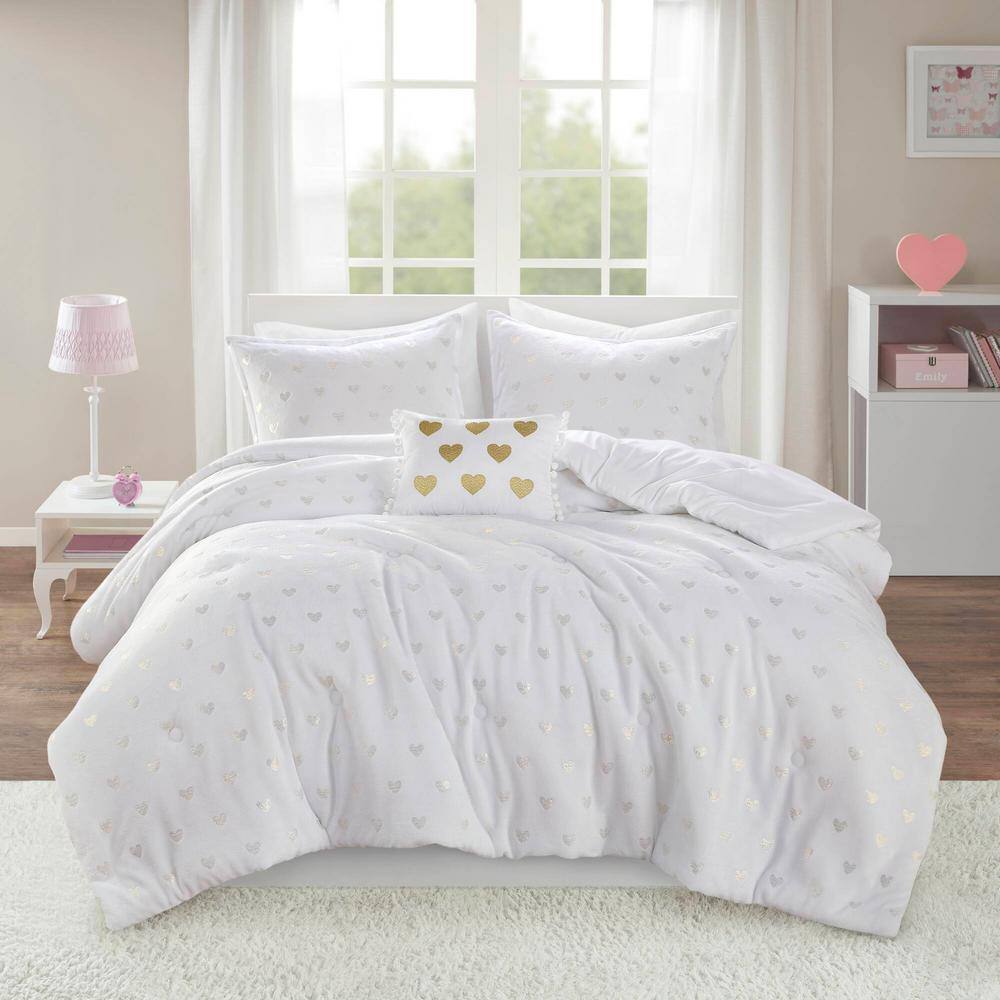 White and Gold Twin Microfiber Plush Comforter Set with Heart Print