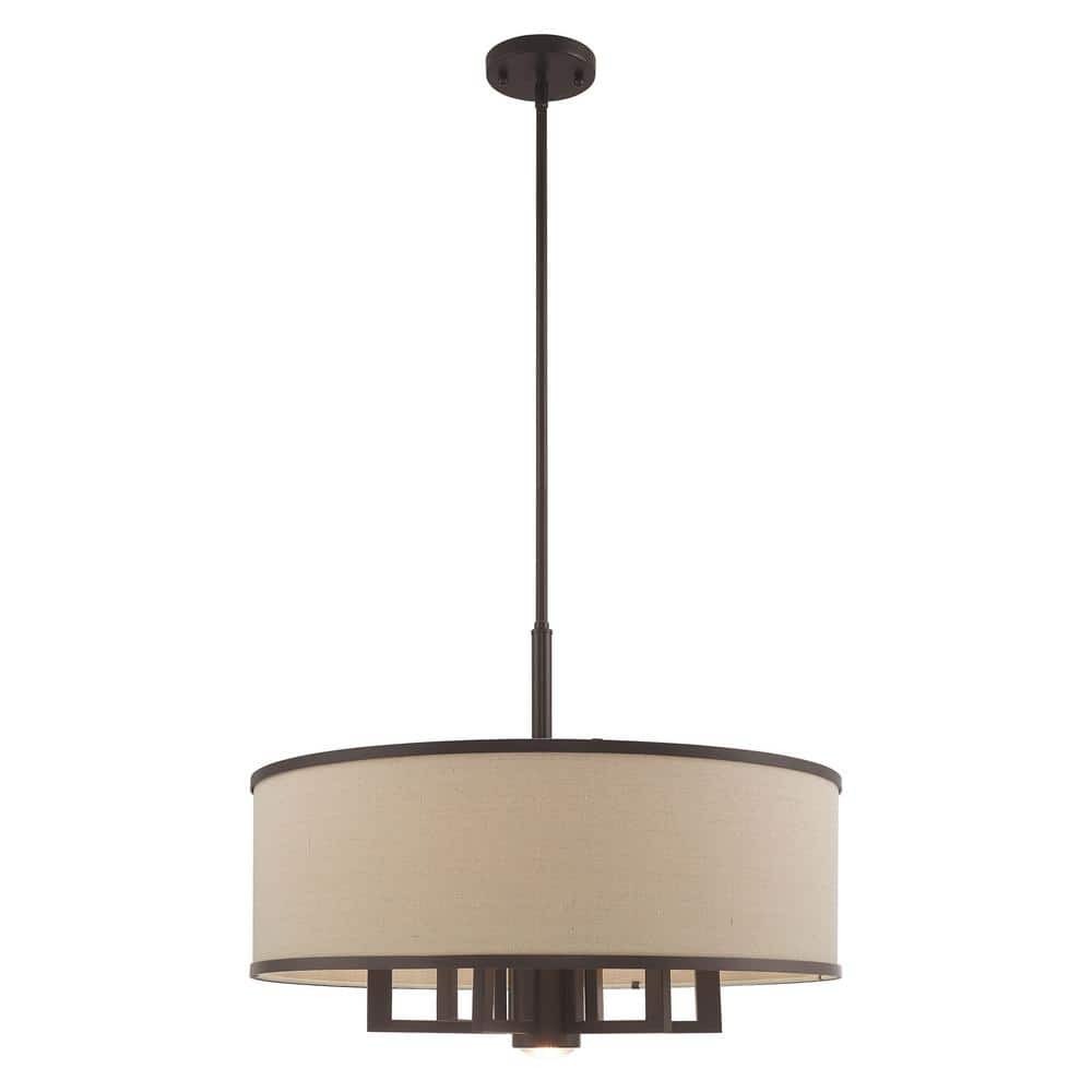 Bronze Drum Pendant with Handcrafted Linen Shade - 7 Light