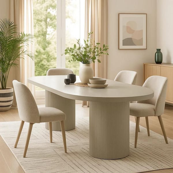 Liela Bone White  Wood 39 in. Double Pedestal Base Dining Table Seats 8