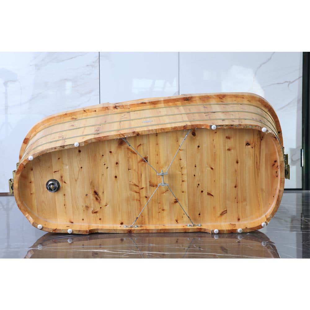 61'' Natural Cedar Freestanding Soaking Bathtub with Chrome Faucet