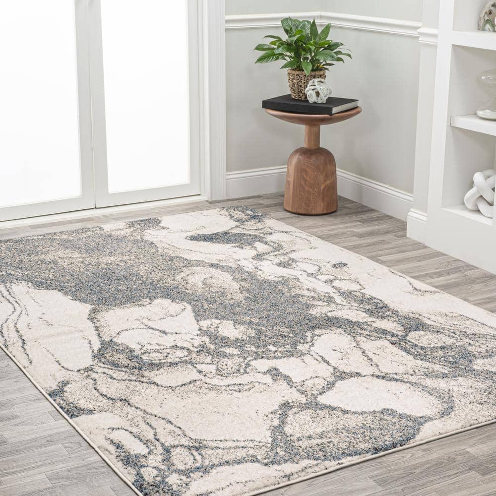 Gray and Cream Abstract Synthetic Rectangular Area Rug
