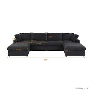 160.5 in. Square Arm 6-piece Velvet U-Shaped Free Combination Modular Sectional Sofa in. Black with Ottoman