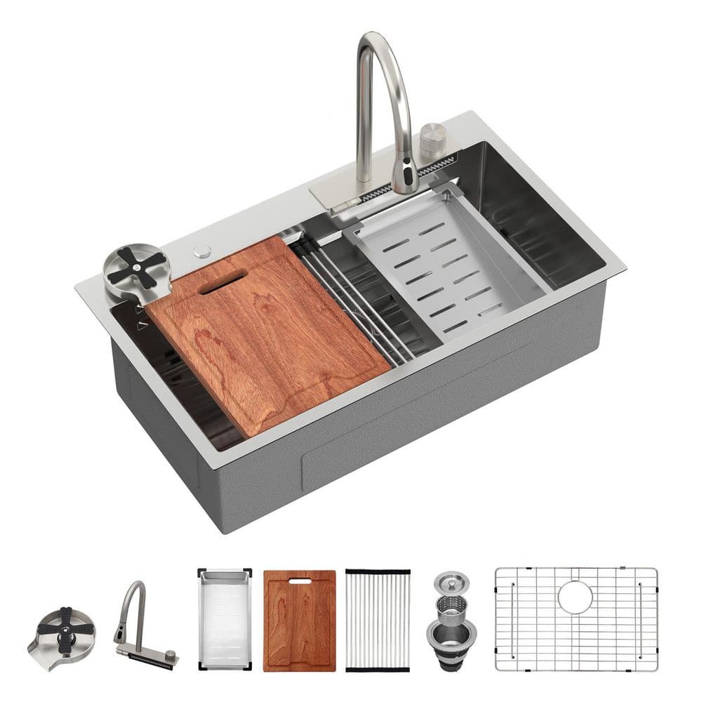33 in. Drop-In Single Bowl 16 Gauge Stainless Steel Workstation Kitchen Sink in Brush with Faucet and Bottom Grid price history on PriceWatchPro