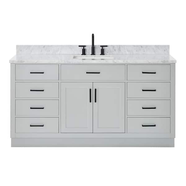 Hepburn 66 in. W x 22 in. D x 35.25 in. H Freestanding Bath Vanity in Gray with Carrara White Marble Top
