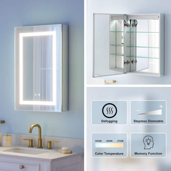 20 in. W x 30 in. H Rectangular Aluminum Recess Surface Mount Medicine Cabinet with Mirror,6000K Lighted,Dimmer,Defogger