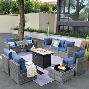 Sanibel Gray 11-Piece Wicker Patio Conversation Fire Pit Sectional Sofa Set with Swivel Chairs and Denim Blue Cushions