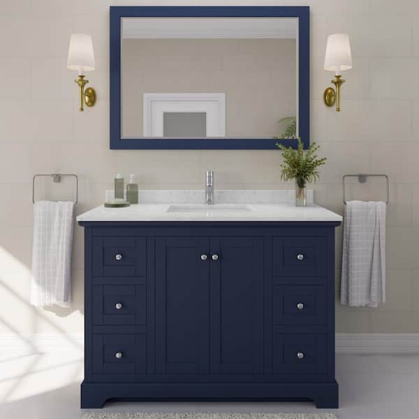 Wyndham Collection Avery 48 in. W x 22 in. D x 35 in. H Single Bath Vanity in Dark Blue with Carrara Cultured Marble Top