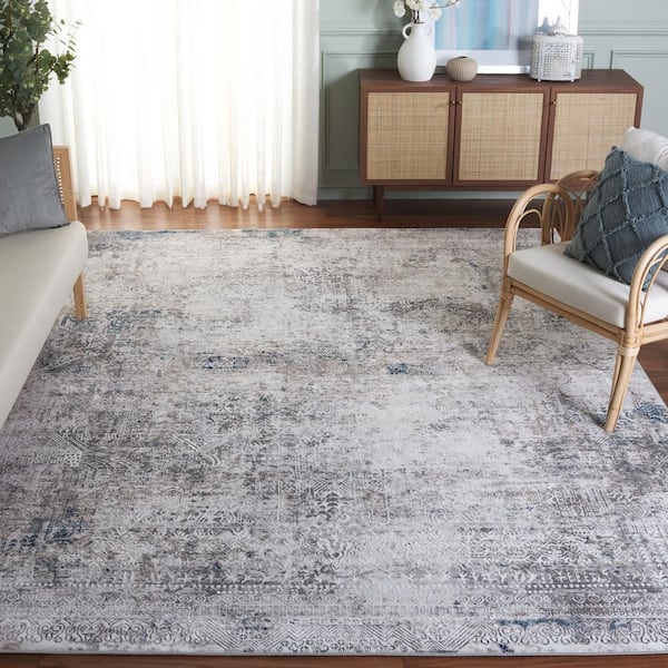 Vogue 7 ft. x 7 ft. Beige/Blue Distressed Oriental Square Area Rug