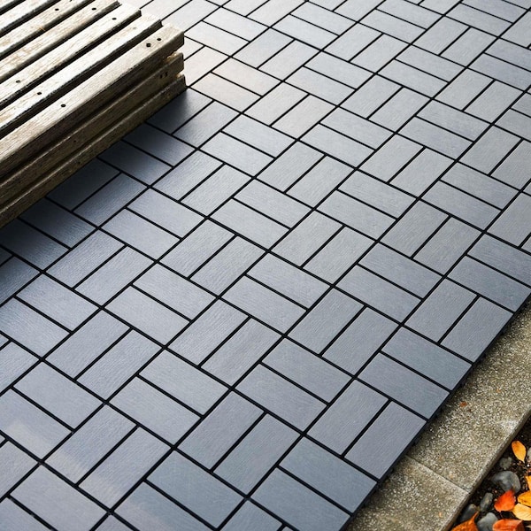 1 ft. x 1 ft. Gray Quick Install Outdoor Pool Patio Checker All-Weather Composite PVC Interlocking Deck Tiles (44 pc)