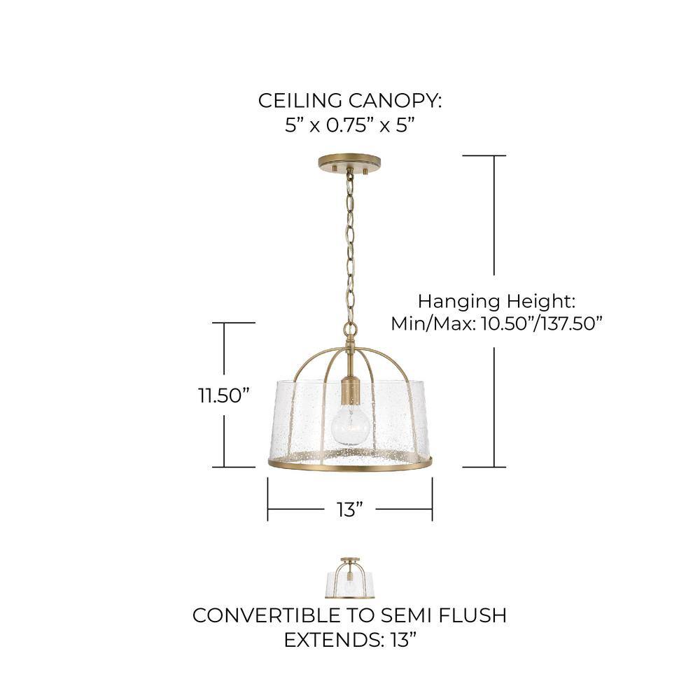 Aged Brass and Clear Seeded Glass Drum Pendant Light