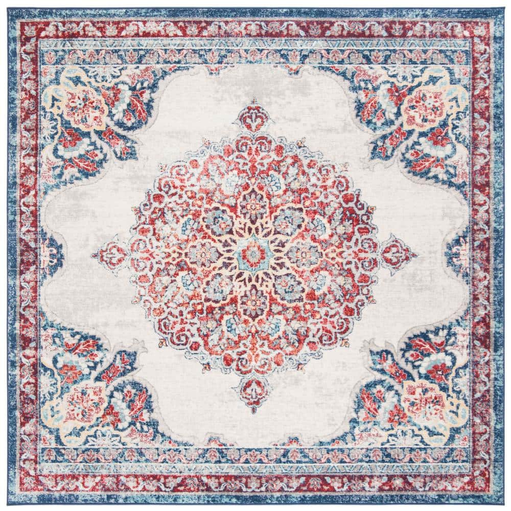 Ivory and Red Synthetic Square Oriental Area Rug