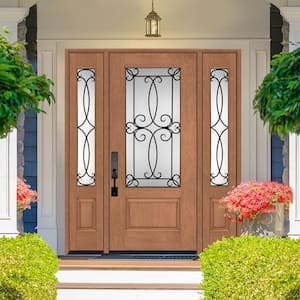 Regency 64 in. x 80 in. 3/4-Lite Georgian Decorative Glass RHIS AW Mahogany Fiberglass Prehung Front Door w/Dbl12in.SL