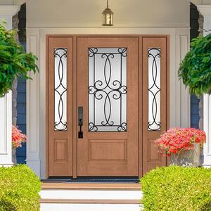 Regency 64 in. x 80 in. Georgian Decorative Glass LHOS 3/4Lite AW Mahogany Fiberglass Prehung Front Door w/Dbl12in.SL