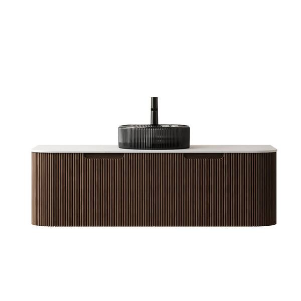48 in. Wall-Mounted Walnut Bath Vanity with Carrara White Solid Surface Top Pre-Assembled