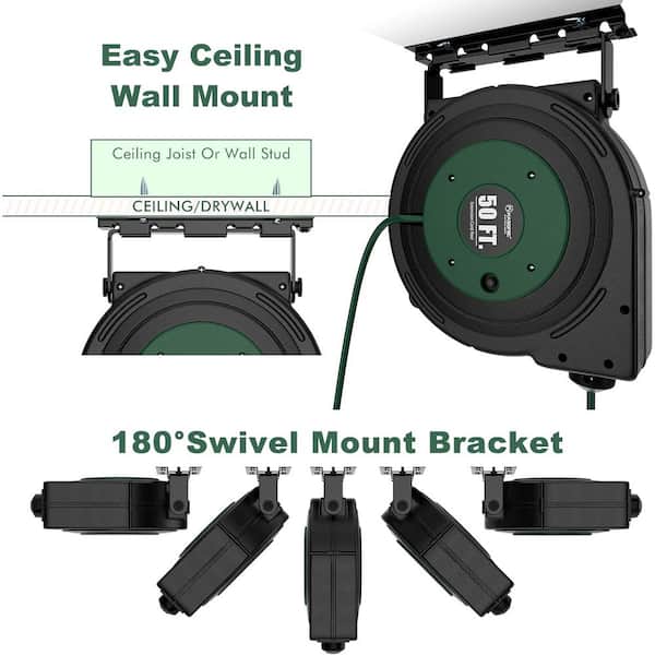 HeavyDuty 50ft Retractable Extension Cord Reel Ceiling Wall Mount Swivel  Bracket