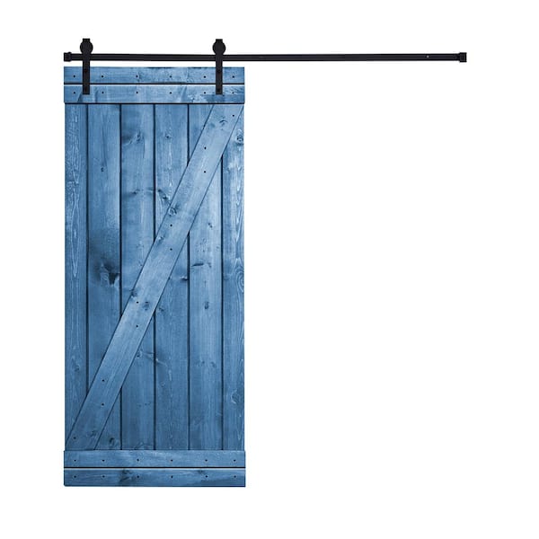 AIOPOP HOME Z-Bar Serie 36 in. x 84 in. Navy Blue Stained Knotty Pine Wood DIY Sliding Barn Door with Hardware Kit