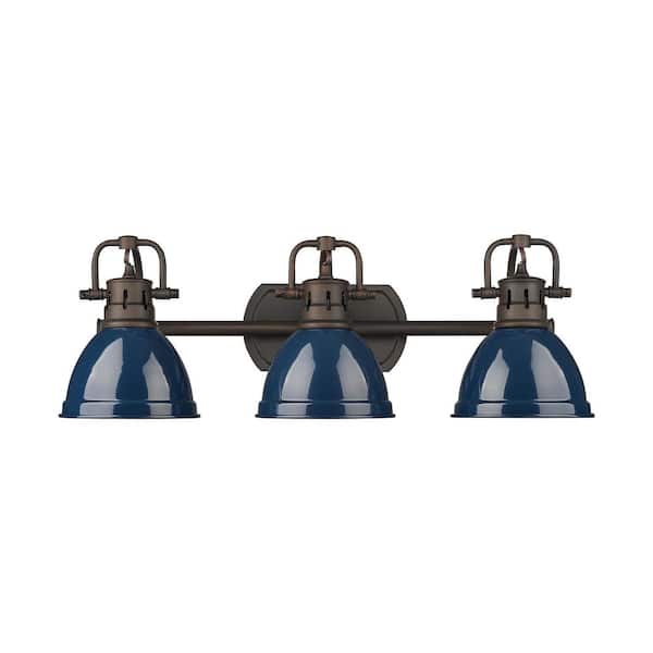 Duncan 8.25 in. 3 Light Rubbed Bronze Vanity Light with Navy Blue Shade