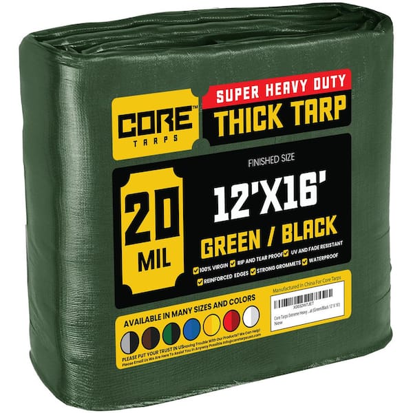 CORE TARPS 12 ft. x 16 ft. Green/Black 20 Mil Heavy Duty Polyethylene Tarp, Waterproof, UV Resistant, Rip and Tear Proof