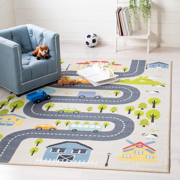 Kids Playhouse Beige/Green 4 ft. x 6 ft. Machine Washable Novelty Area Rug