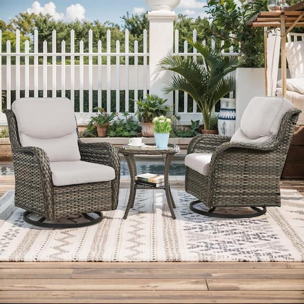 Crescent 3-Piece Gray Wicker Swivel Outdoor Rocking Chairs Patio Conversation Set with CushionGuard Beige Cushions