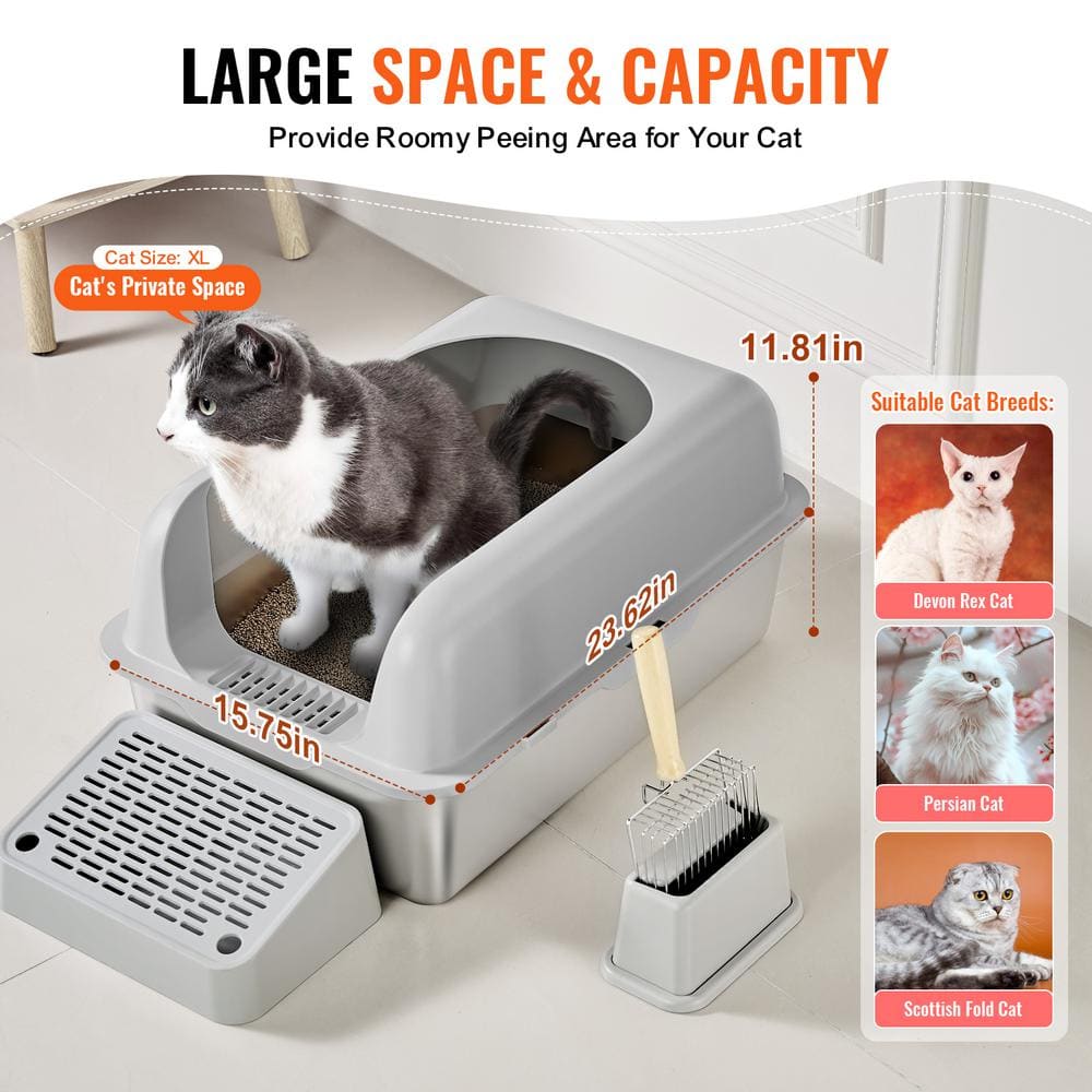 Light Gray Stainless Steel Extra Large Cat Litter Box with Scoop