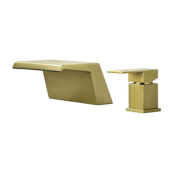 Arc Waterfall Single Handle Double Hole Bathroom Faucet in Brushed Gold