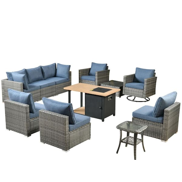 Sanibel Gray 11-Piece Wicker Outdoor Patio Conversation Sofa Set with a Storage Fire Pit and Denim Blue Cushions