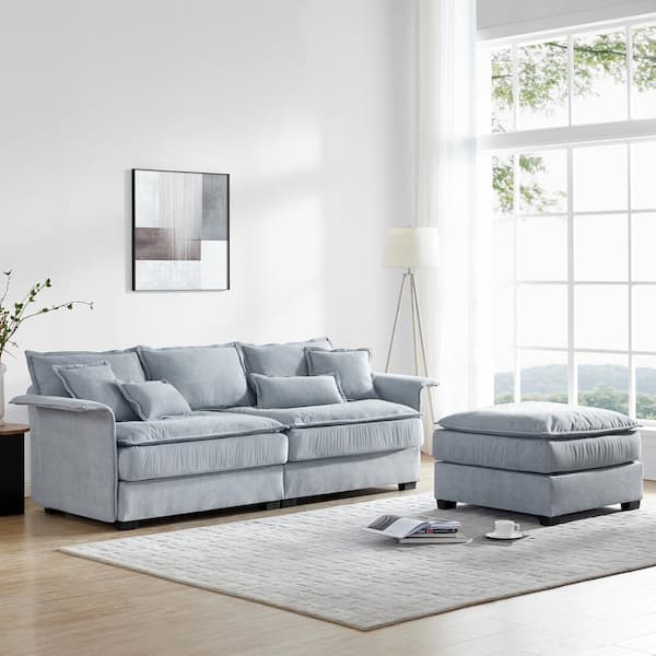 95 in Wide Rolled Arm Fabric L-Shaped Modern Double Cushions Sofa in Blue