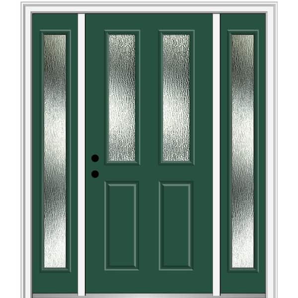 MMI Door 60 in. x 80 in. Right-Hand Inswing Rain Glass Hunter Green Fiberglass Prehung Front Door on 4-9/16 in. Frame