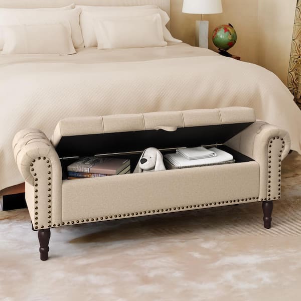 cozyman 50 in. Linen Fabric Upholstered Roll-Arm Storage Bench with Rivet, Bedroom Bench